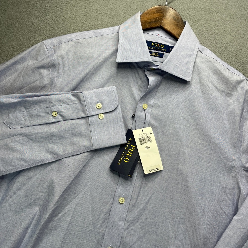 Polo Ralph Lauren Purepress Slim Fit Dress Shirt Mens 16.5 Blue Cotton NWT